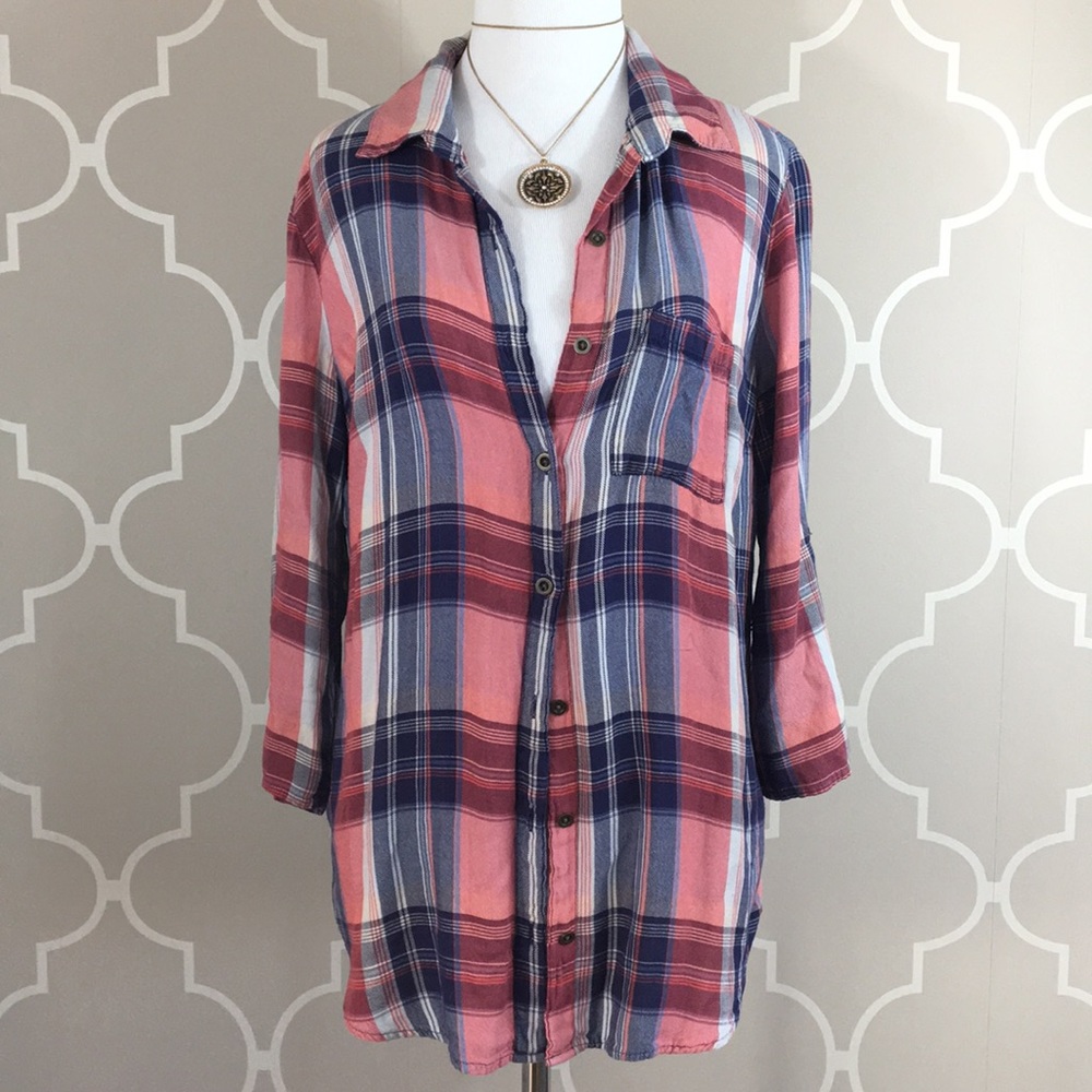 NEW small plaid pink and navy button up